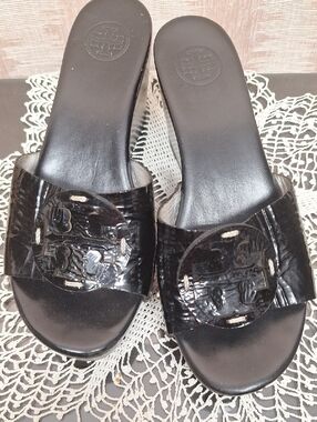 Tory Burch Black Patent Slide Mules with Logo Medallion